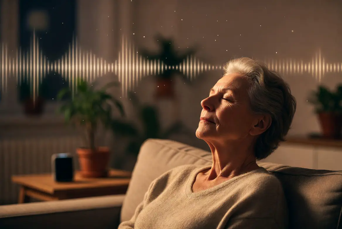 Recommended calm environment with soft background sound and relaxed posture for supporting tinnitus habituation and reduced distress